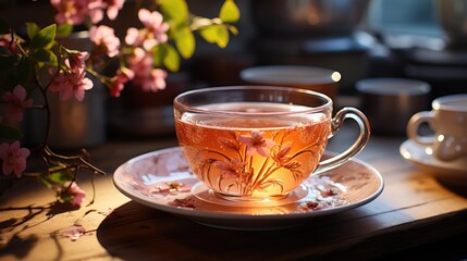 A cup of freshly brewed hot tea, steam escaping, bright kitchen table background