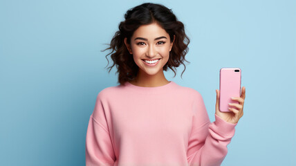 Naklejka premium young smiling happy woman of Asian ethnicity 20s in pink sweater point finger on big mobile cell phone