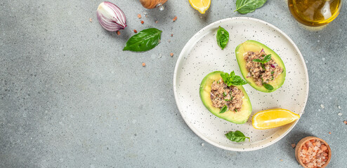 Salad of avocado, red onion and tuna on a light background. Long banner format. top view