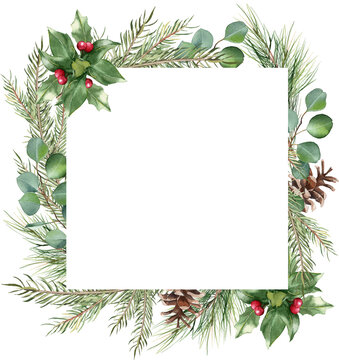 Christmas floral frame. Winter greenery border PNG. Holiday greeting card template. Hand painted watercolor illustration