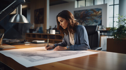 Construction concept of female engineer or architect working making blueprint in office.