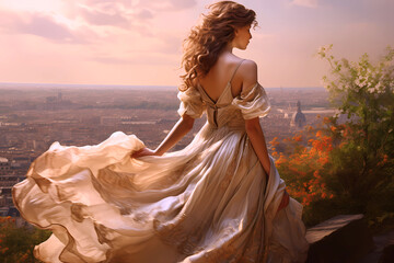 beautiful bride in vintage style dress in afternoon on hill overlooking city, perhaps Paris - obrazy, fototapety, plakaty