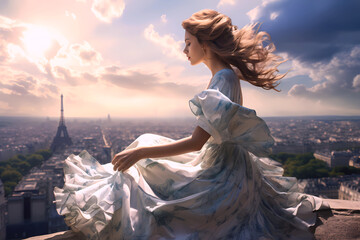 beautiful woman, perhaps bride, in flowing light summery style dress in afternoon on hill overlooking Paris