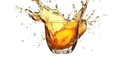 A glass of apple juice with a splash coming out of the glass on a white background