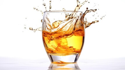A glass of apple juice with a splash coming out of the glass on a white background