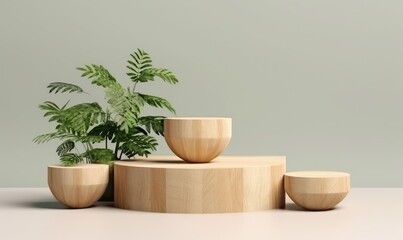 Wooden podium stage for product presentation with green plants vase