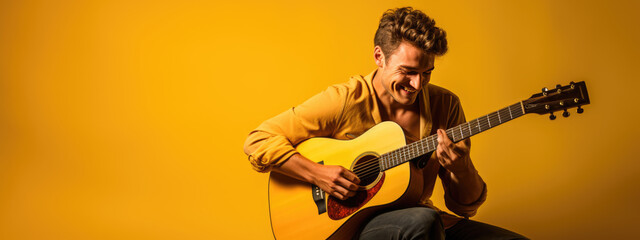 Male musician playing guitar on yellow background