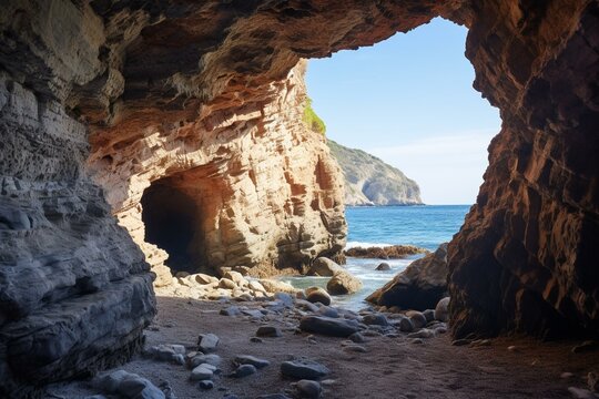 Scenic cave entrance in Sykia, Milos, Cyclades, Greece. Generative AI