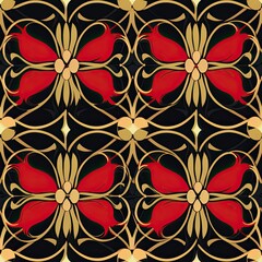Cinnabar and Black Kimono Fabric: Floral Background with Elegant Gold Geometric Design Generative AI 