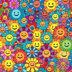 Retro Smiley Face Flowers: Colorful and Vibrant Patterned Background Generative AI 