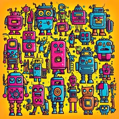 Colorful Robots: Sticker Art on a Flat Background Inspired Generative AI 