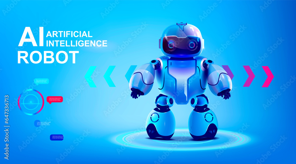 Poster neural network generation tools with cute robot. new technology for creating artificial intelligence
