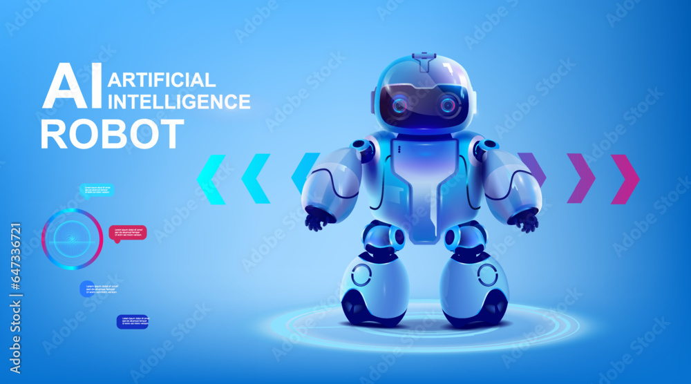 Poster neural network generation tools with cute robot. new technology for creating artificial intelligence