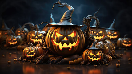 Evil Halloween pumpkins, each carved with unique, sinister expressions, illuminated from within, casting an eerie glow against a dark backdrop, generative AI