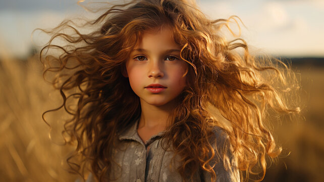 Fototapeta photograph of Sweet little outdoor girl with curly hair in the wind telephoto lens daylight white