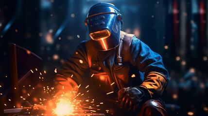 Worker or Welder wear safety gear who perform arc welding in the factory.