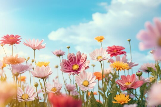 Image depicting blooming flowers in a spring background. Generative AI