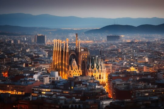 a cityscape featuring the iconic architecture of Sagrada Familia. Generative AI
