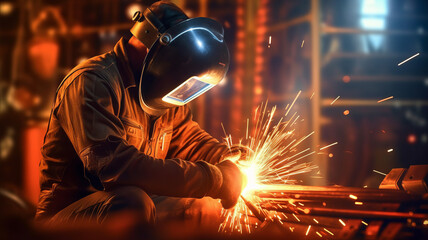 Worker or Welder wear safety gear who perform arc welding in the factory.