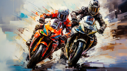 Fototapeta premium Painting of a Motorcycle Race Abstract Surreal Digital Art Generative AI Background Wallpaper Poster Cover Magazine