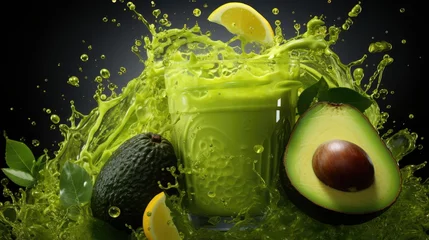 Keuken spatwand met foto A glass of avocado juice with a splash coming out of the glass on a white background © MBRAMO