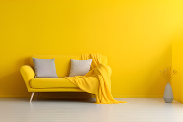 Yellow sofa with pillows and blanket against yellow wall. Minimalist home interior design	
