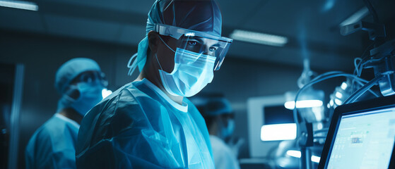 portrait doctor working in futuristic hospital with medical high tech healthcare.Generative AI.