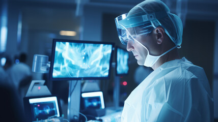 portrait doctor working in futuristic hospital with medical high tech healthcare.