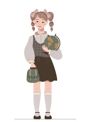 A school  student with a briefcase isolated on a white background. A nice schoolgirl goes to school. A pupil holding a globe. 