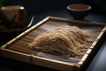 Chilled soba noodles on bamboo tray. Generative AI - obrazy, fototapety, plakaty