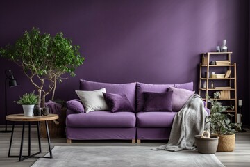 Purple room with sofa, Scandinavian living room interior. Generative AI