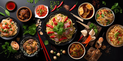 Traditional Thai food on dark background. Oriental food concept. Top view, flat lay, panorama