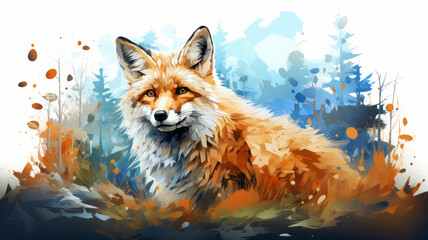 vector art of Watercolor fox with double exposure effect . Flat vector illustration generative ai © JKLoma