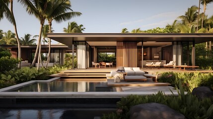 Fototapeta na wymiar Modern Beachside Home with Minimalist Wooden Architecture, Pool, Generative AI