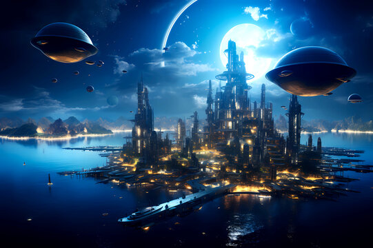 futuristic science fiction floating city near land