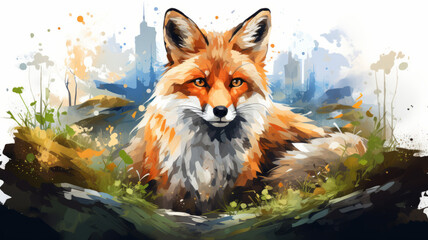 vector art of Watercolor fox with double exposure effect . Flat vector illustration generative ai