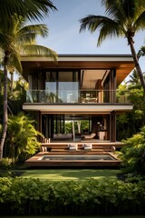 Fototapeta premium Modern Beachside Home with Minimalist Wooden Architecture, Pool, Generative AI