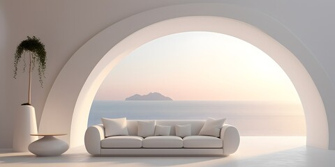 Curved white sofa in room with arch. Minimalist home interior design of modern living room