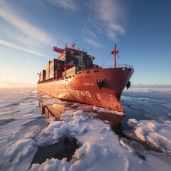 Aerial view, a cargo ship with containers sails across the sea, AI generated