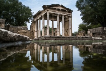 Fototapeta na wymiar Old ruins, waterpool, reflections, Greek architecture, columns, destroyed building. Generative AI