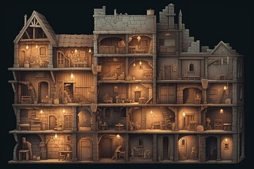 Illustration of a medieval dungeon architecture construction with fantasy elements. Generative AI