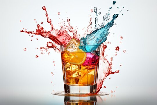 Colorful drink with splashes on white. Generative AI