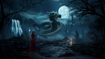  A woman in a red dress holding a  Precious Wand and looking at water serpent, giant, dragon like snake
