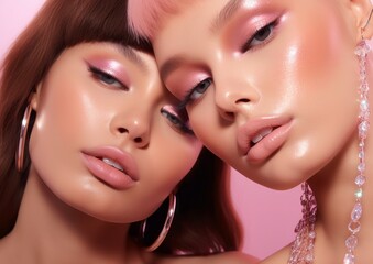 Two beautiful women adorned with glittery pink makeup, jewellery, and long eyelashes pose for a loving portrait in celebration of a new year or christmas, embracing the fashion and beauty of makeover