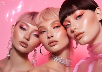 A group of y2k beautiful women, adorned in glitter and fashion, come together to celebrate a new year with makeup makeovers, lipstick kisses, and lash-filled love