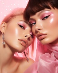 Two beautiful y2k women wearing glittery pink makeup celebrate a special occasion with love and style, glowing in an indoor party atmosphere of confetti and new beginnings