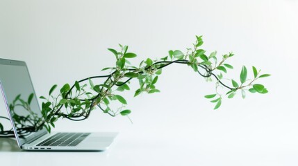 Green IT, green computing or eco-ICT information and communication technology. Environmentally Sustainable IT. Green plant growing from laptop computer on white background.