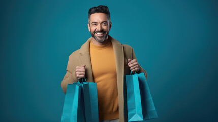 Happy smiling man holding shopping bags on blue background - obrazy, fototapety, plakaty