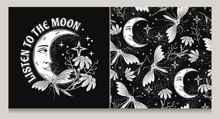 Pattern, label with crescent moon with face, stars, night butterfly, moth, flowers and star dust. Mythological faitytale, mystical concept. For clothing, apparel, T-shirts, kids design