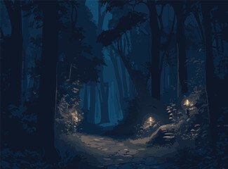 Fototapeta premium Illustrate a detailed vector background of a nocturnal wilderness adventure, where moonlight filters through the dense canopy, casting intricate shadows on the forest floor and revealing the path